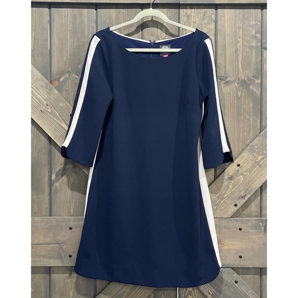 Vince Camuto Womens Dress Navy Blue Pink Side Stripe Shift 3/4 Sleeves size 14